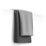 Gray towel with 'BLAHST' branding on a white background