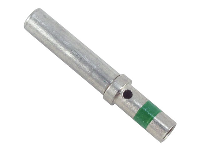 Nickel-plated 14 AWG solid socket contact with a green identification band near the mating end and an inspection hole through the barrel