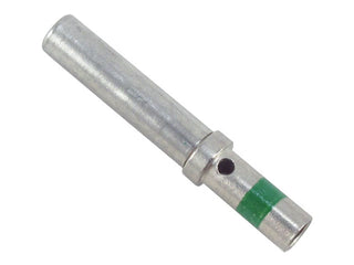 Nickel-plated 14 AWG solid socket contact with a green identification band near the mating end and an inspection hole through the barrel
