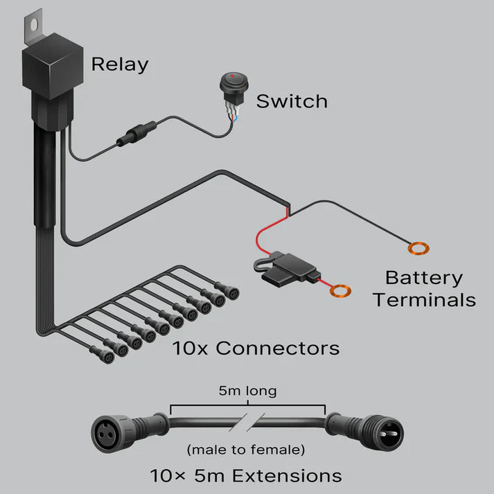 Layout diagram of the 10 output harness, naming each part: the relay at the top, the switch on its own lead, ten connectors fanned out along the main loom, an in-line blade fuse and two ring battery terminals, plus ten 5m male-to-female extension leads shown separately