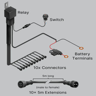 Layout diagram of the 10 output harness, naming each part: the relay at the top, the switch on its own lead, ten connectors fanned out along the main loom, an in-line blade fuse and two ring battery terminals, plus ten 5m male-to-female extension leads shown separately