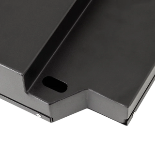 Close-up of the folded steel edge of the battery case, showing the slotted mounting hole, the powder-coated finish and the countersunk fixing along the seam