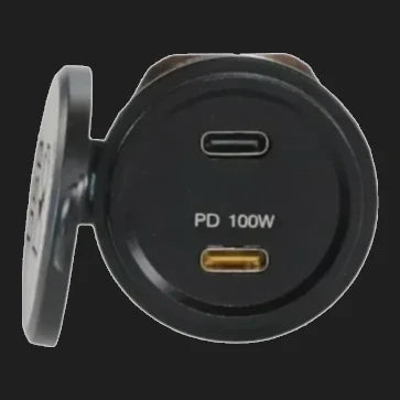 Round panel-mount USB-C socket with two ports and PD 100W printed between them, shown with the black mounting collar and the rear body behind it