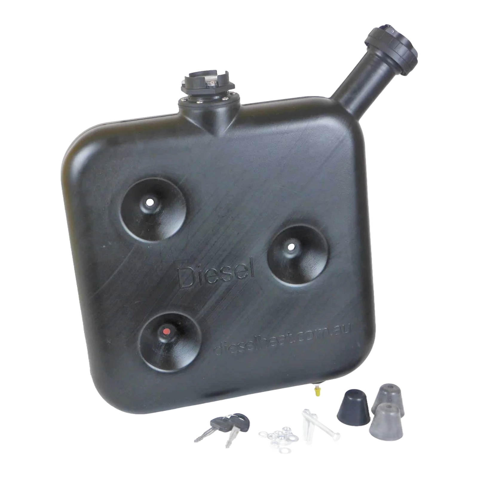 Black fuel tank with accessories on a white background – 10L Black Wafer Fuel Tank for Diesel Air Heater with Lockable Cap and Gauge