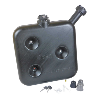Black fuel tank with accessories on a white background – 10L Black Wafer Fuel Tank for Diesel Air Heater with Lockable Cap and Gauge
