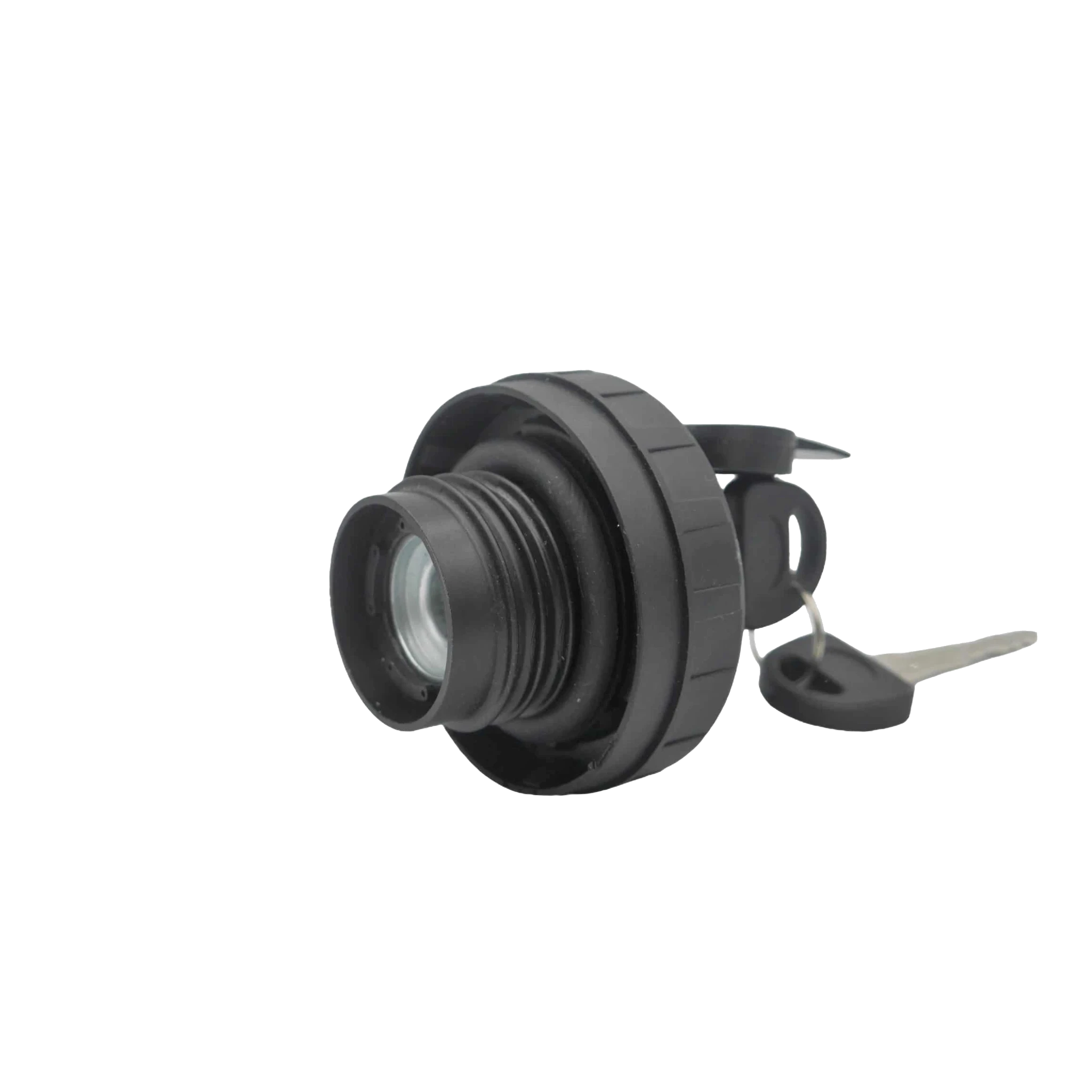 Black plastic locking fuel cap for the wafer tank, the threaded neck and sealing gasket facing the camera, with the key in the barrel and a second key on the ring