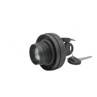 Black plastic locking fuel cap for the wafer tank, the threaded neck and sealing gasket facing the camera, with the key in the barrel and a second key on the ring