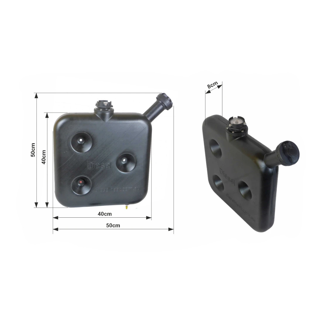 10L Black Wafer Fuel Tank for Diesel with Lockable Cap and Gauge with dimensions indicated on a white background