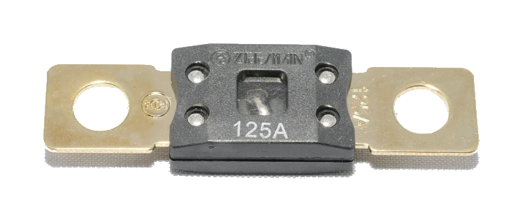 MEGA/AMG bolt-down cartridge fuse — 125A variant, 32V DC time-delay for high-current DC circuits.