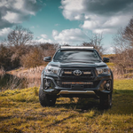 Toyota truck parked in a grassy field with trees and a lake in the background