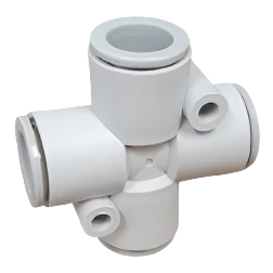 White 12mm push-in cross fitting with four ports, each with its own collet and grab ring, shown at an angle