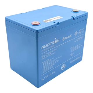 Amptron 12V 100Ah LiFePO4 battery in its blue case seen from the front corner, with the recessed terminals under their covers, the Bluetooth marking and the specification panel down the front face