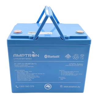 Amptron AT-LFP-12-100-BT-BV13 battery face on with the carry handle raised, the label listing 1280Wh, 12.8 volts, 100Ah, max charge voltage 14.6V, standard charge current 20A, max continuous charge 100A, max continuous discharge 200A, peak discharge 400A, parallel connections yes and series connections up to four
