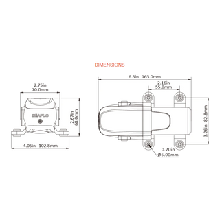 Dimension drawing of the Seaflo pump: 70.0mm wide across the body and 102.8mm across the mounting feet, 68.0mm tall, 165.0mm long overall with 55.0mm between the mounting hole centres, 82.8mm across the feet and 5.00mm diameter mounting holes – 12v SeaFlo 23A 4.3LPM 40PSI