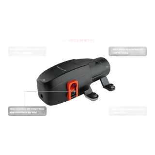 Seaflo pump with four callouts: an adjustable pressure switch from 17 to 80 psi, a motor no louder than a room fan, hose connections that take multiple fittings, and rubber feet to reduce vibration noise – 12v SeaFlo 23A 4.3LPM 40PSI