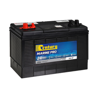 A black Century Marine Pro 1000 battery with red and black terminals, a blue label, and product details printed on the side.