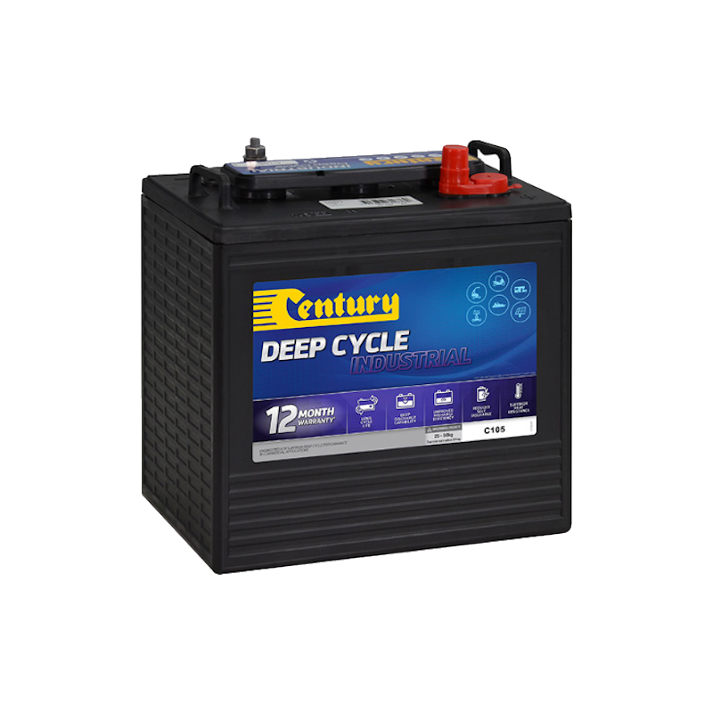 A black Century Industrial Deep Cycle battery with a label that includes the brand name and product specifications.