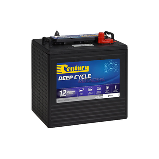 A black Century Industrial Deep Cycle battery with a label that includes the brand name and product specifications.