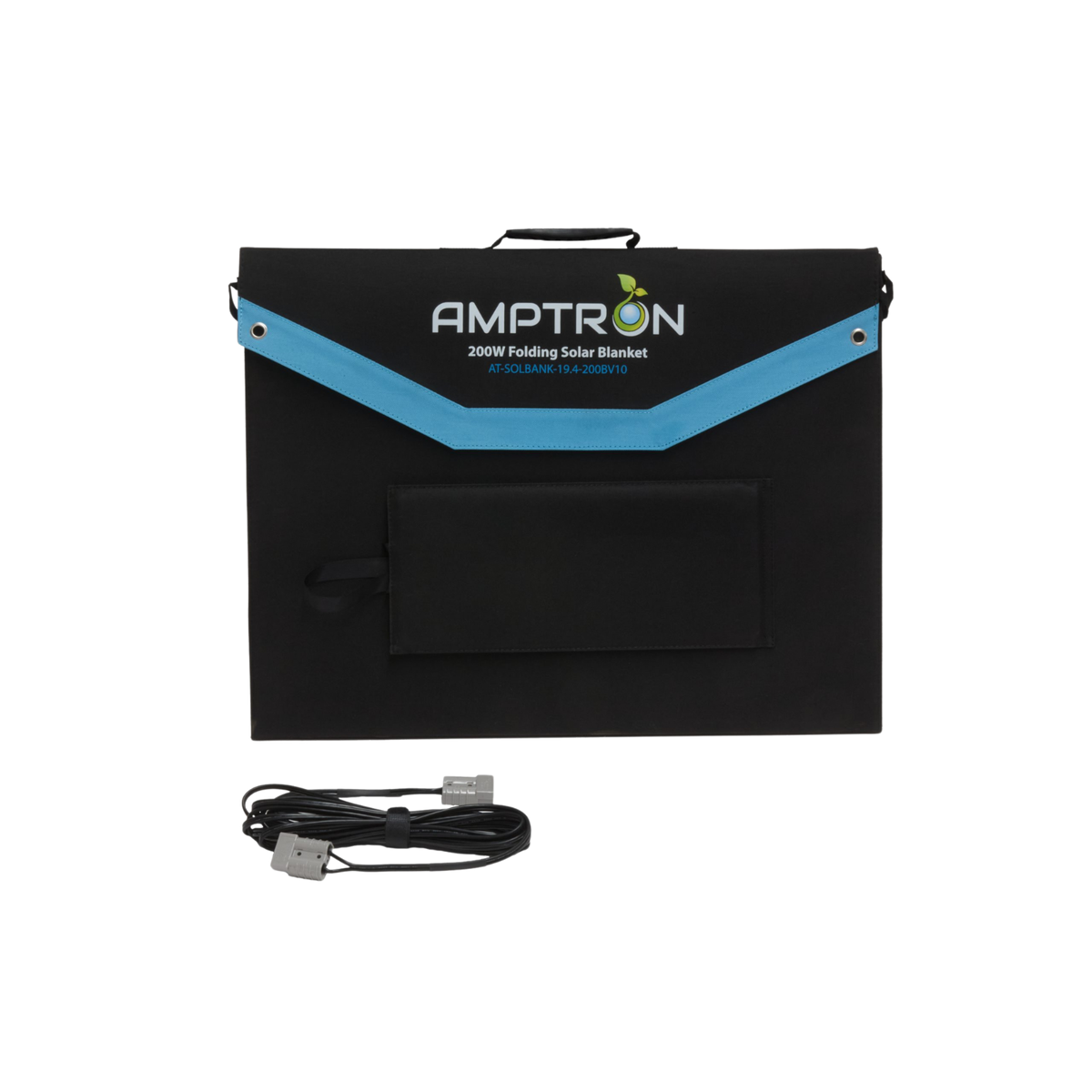 The solar blanket folded closed into its case, the Amptron name and 200W Folding Solar Blanket printed on the flap with part number AT-SOLBANK-19.4-200BV10, with the Anderson-to-Anderson lead coiled below it