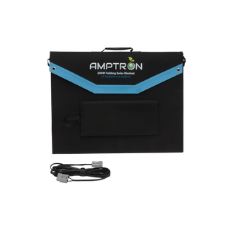 The solar blanket folded closed into its case, the Amptron name and 200W Folding Solar Blanket printed on the flap with part number AT-SOLBANK-19.4-200BV10, with the Anderson-to-Anderson lead coiled below it