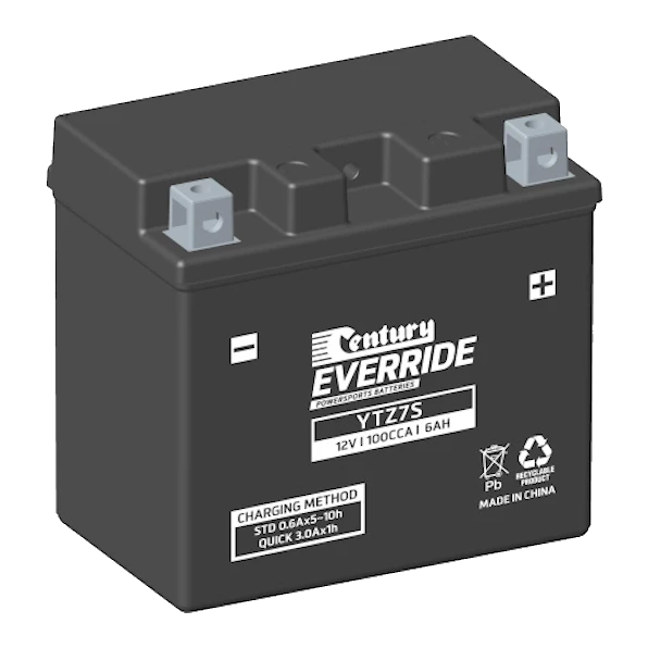 Century YTZ7S motorcycle battery — black AGM VRLA case with raised Type A terminals