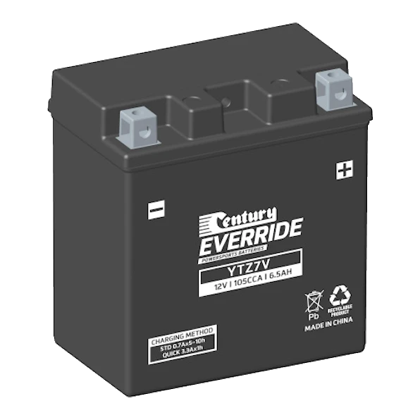 Century YTZ7V motorcycle battery — black AGM VRLA case with raised Type A terminals