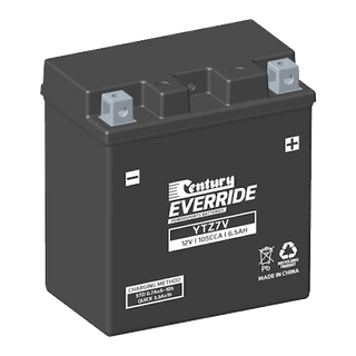 Century YTZ7V motorcycle battery — black AGM VRLA case with raised Type A terminals