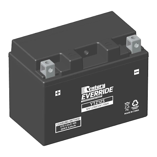 Century YTZ12S EverRide AGM motorcycle battery, compact black case with yellow EverRide branding, Terminal A SAE post layout