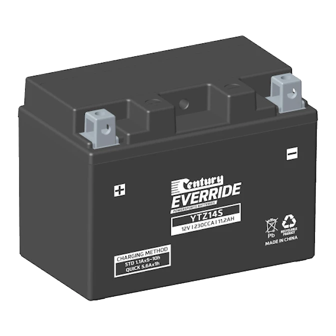 Century YTZ14S motorcycle battery — black AGM VRLA case with raised Type A terminals