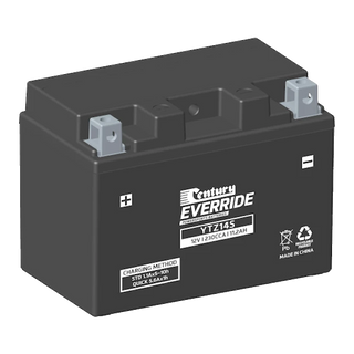 Century YTZ14S motorcycle battery — black AGM VRLA case with raised Type A terminals