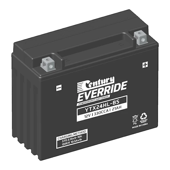 Century YTX24HL-BS motorcycle battery — black AGM VRLA case with raised Type A terminals