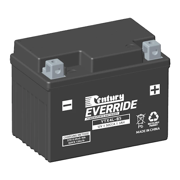 Century EverRide YTX4L-BS 50CCA 3Ah 12V AGM motorcycle battery, dry-charged with sealed acid pack, polypropylene case with Type A terminals