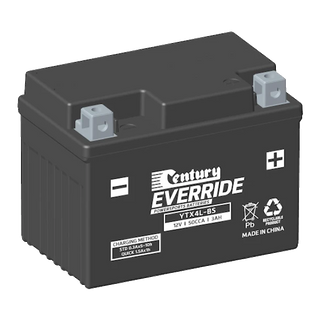 Century EverRide YTX4L-BS 50CCA 3Ah 12V AGM motorcycle battery, dry-charged with sealed acid pack, polypropylene case with Type A terminals