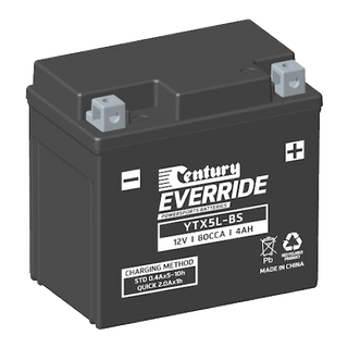 Century EverRide YTX5L-BS 80CCA 4Ah 12V AGM motorcycle battery, dry-charged with sealed acid pack, polypropylene case with Type A terminals