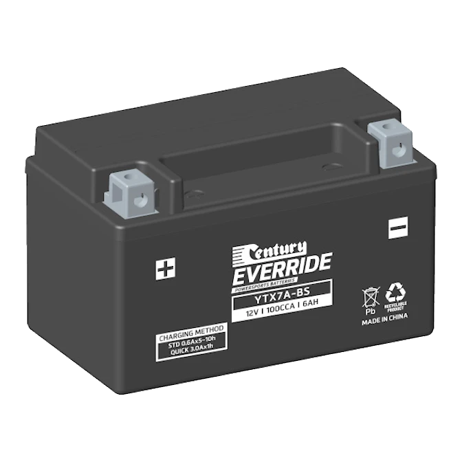 Century EverRide YTX7A-BS 100CCA 6Ah 12V AGM motorcycle battery, dry-charged with sealed acid pack, polypropylene case with Type A terminals