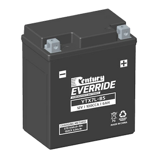 Century EverRide YTX7L-BS 100CCA 6Ah 12V AGM motorcycle battery, dry-charged with sealed acid pack, polypropylene case with Type A terminals