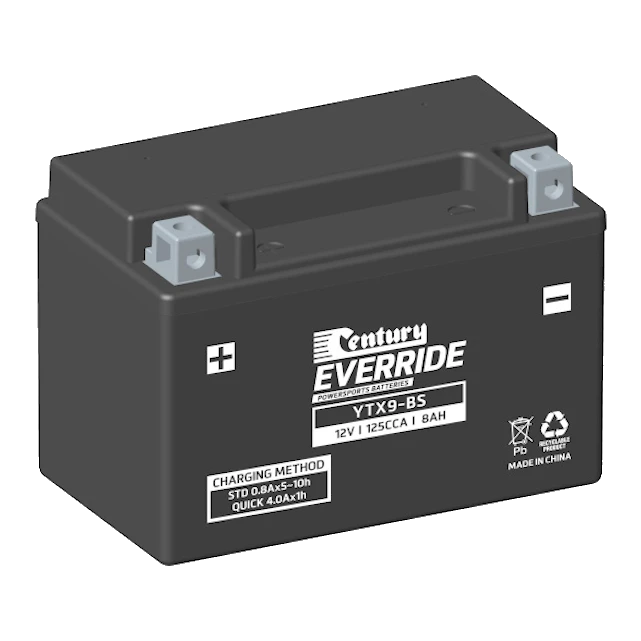 Century EverRide YTX9-BS 125CCA 8Ah 12V AGM motorcycle battery, dry-charged with sealed acid pack, polypropylene case with Type A terminals