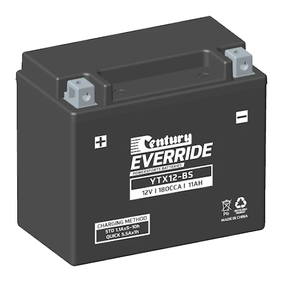 Century EverRide YTX12-BS motorcycle battery — black AGM VRLA short case with clamp-post Terminal Type A
