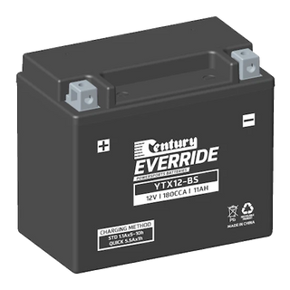 Century EverRide YTX12-BS motorcycle battery — black AGM VRLA short case with clamp-post Terminal Type A