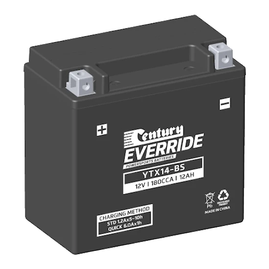 Century EverRide YTX14-BS motorcycle battery — black AGM VRLA case with clamp-post Terminal Type A