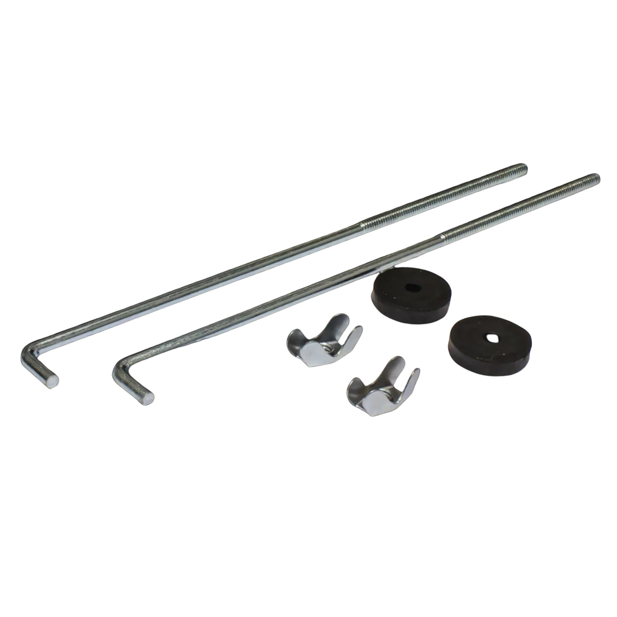 Battery hold down kit: two zinc-plated J-hook rods 254mm long, two wing nuts and two rubber-faced washers