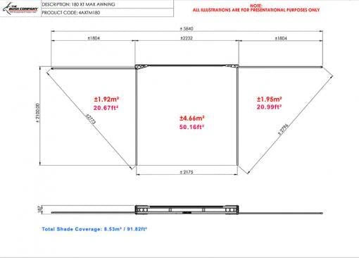 Technical drawing of a 180 XT MAX awning with dimensions and coverage details.