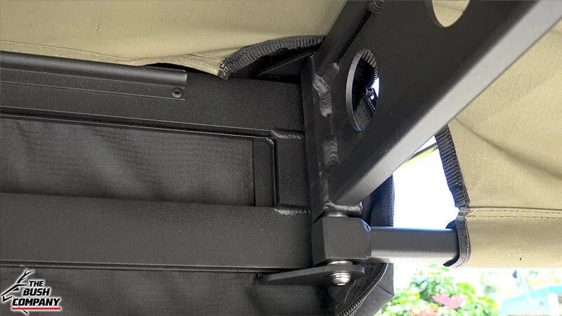 Close-up of the Bush Company 180 XT Max Awning Mk2 Left Hand Side system with The Bush Company logo.