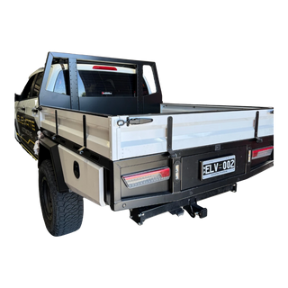 Empty truck bed with a toolbox on a white background – Dual Cab 1800mm Aluminium Tray with 1m Trundle Drawer 50L Water tank & Colour Coded Tray Sides