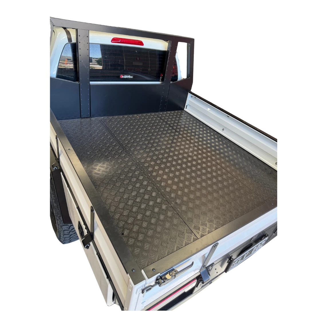 Empty truck bed with a checkered floor pattern on a white background – Dual Cab 1800mm Aluminium Tray with 1m Trundle Drawer 50L Water tank & Colour Coded Tray Sides