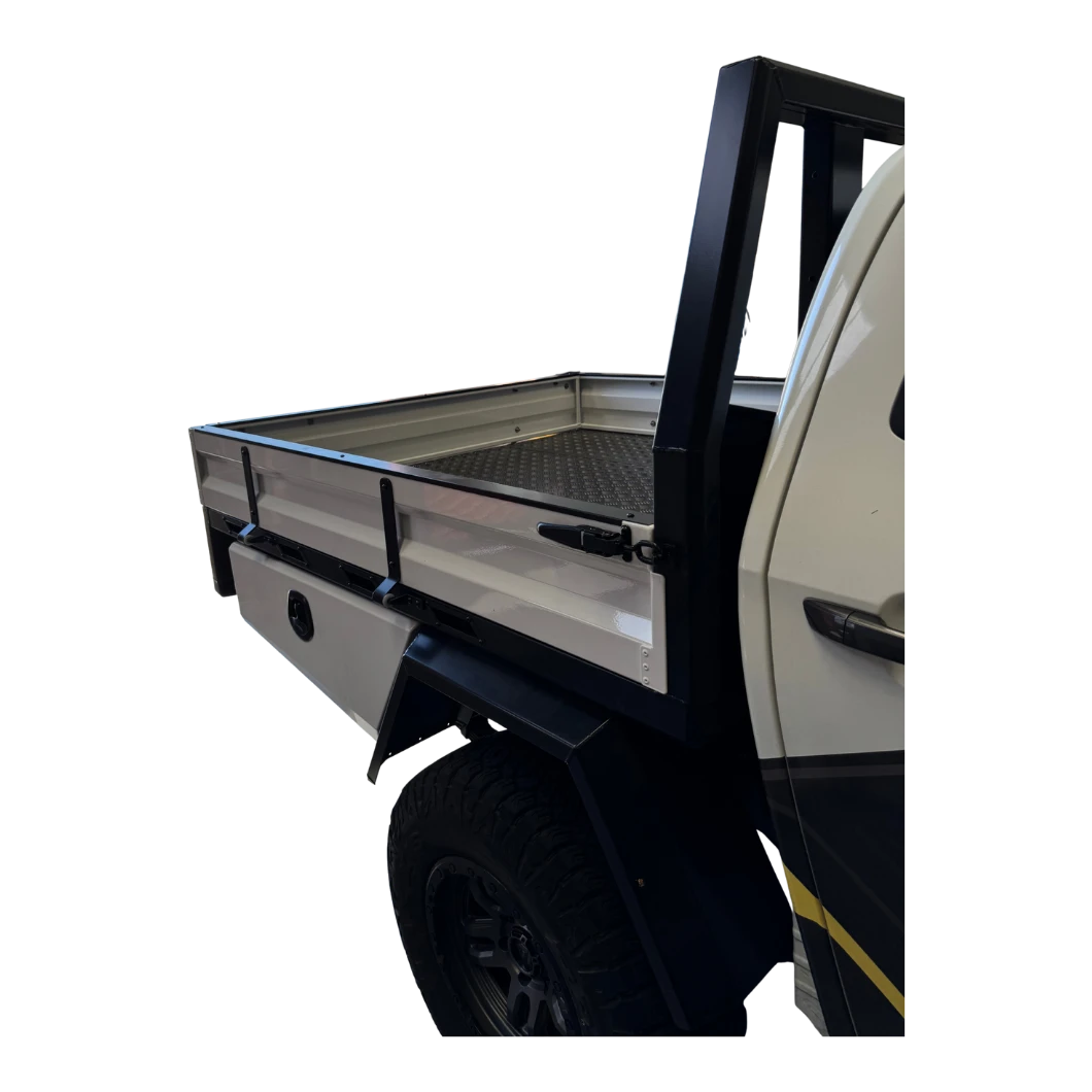 Side view of a truck with an open bed on a white background – Dual Cab 1800mm Aluminium Tray with 1m Trundle Drawer 50L Water tank & Colour Coded Tray Sides