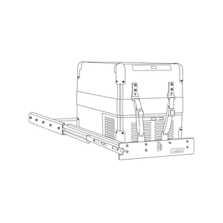 Line drawing of a fridge strapped to an MSA straight slide, seen from the rear three-quarter, showing the twin straps over the lid, the slide rails extended and the front panel with its locking lever