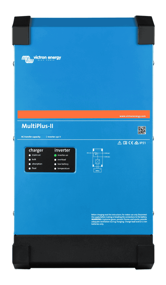Victron MultiPlus-II front view showing the charger and inverter indicator panel and the AC input and output schematic