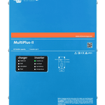Victron MultiPlus-II front view showing the charger and inverter indicator panel and the AC input and output schematic