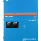 Victron MultiPlus-II front view showing the charger and inverter indicator panel and the AC input and output schematic